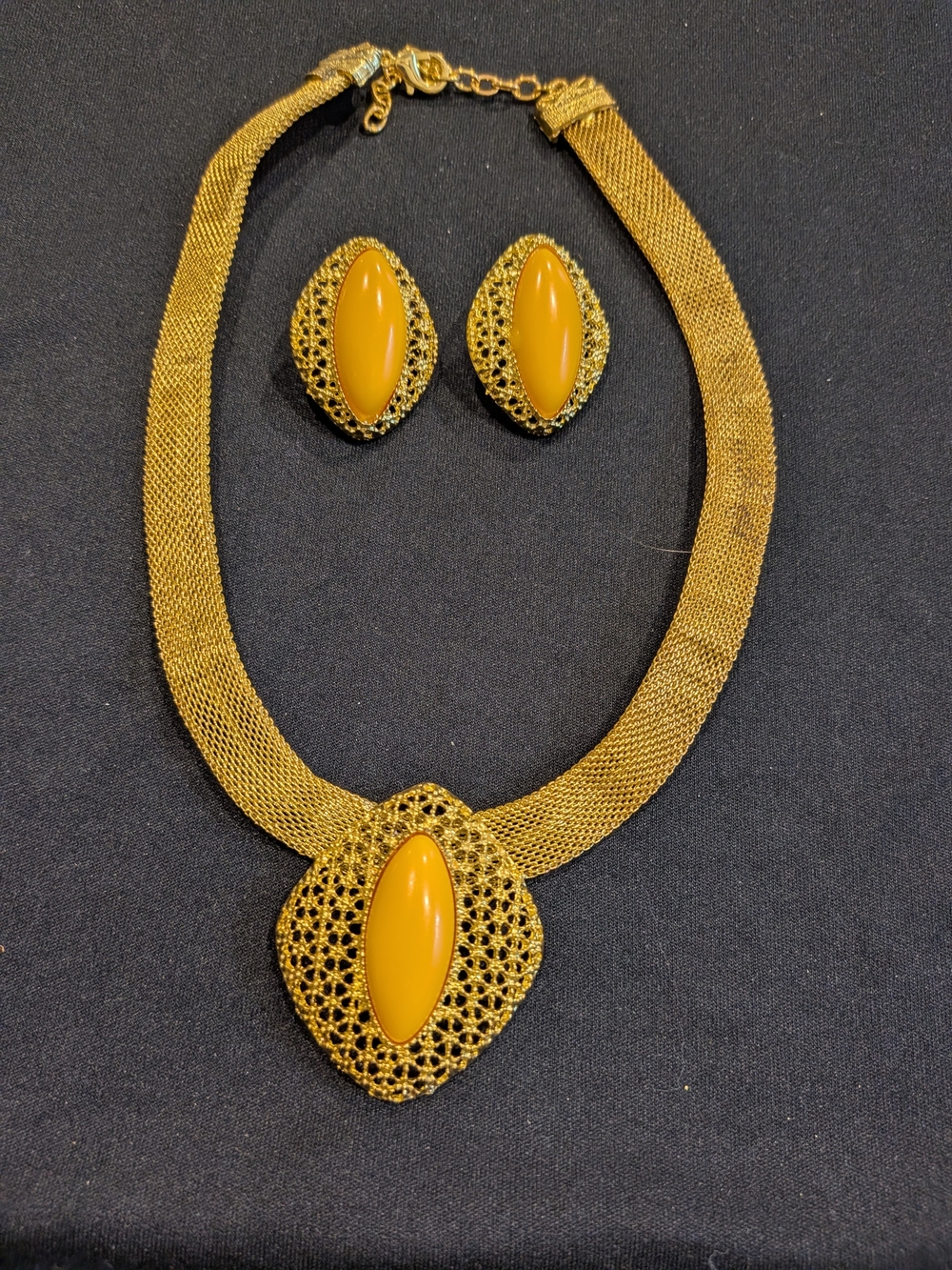 Gold-Tone Necklace 10"& Earring Set with Amber Color Cabochons